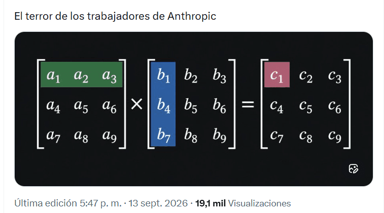 Meme titulado El terror de los trabajadores de Anthropic que muestra una multiplicación de matrices
